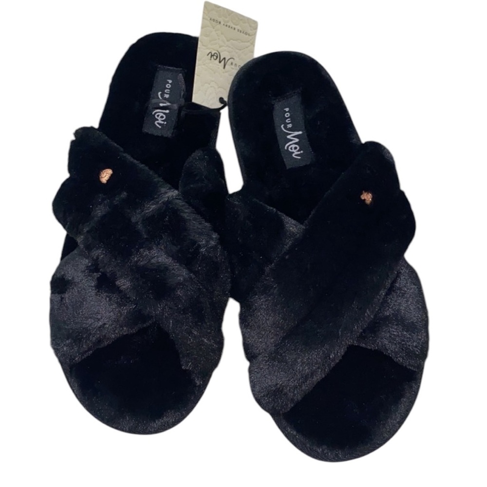 Pour Moi Black Fuzzy Slippers | Faux Fur Open Toe Crossover | UK 7/8 US 9/10
